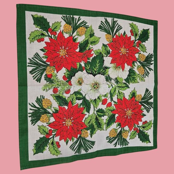 Vintage Floral Poinsettia Holiday Christmas Square Cloth Napkins MCM Set of Two - Picture 8 of 13